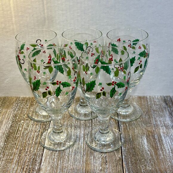 Libbey Holly and Berries Glass Stemware (5) Wine Glasses Water Goblets 12 oz - Picture 3 of 6